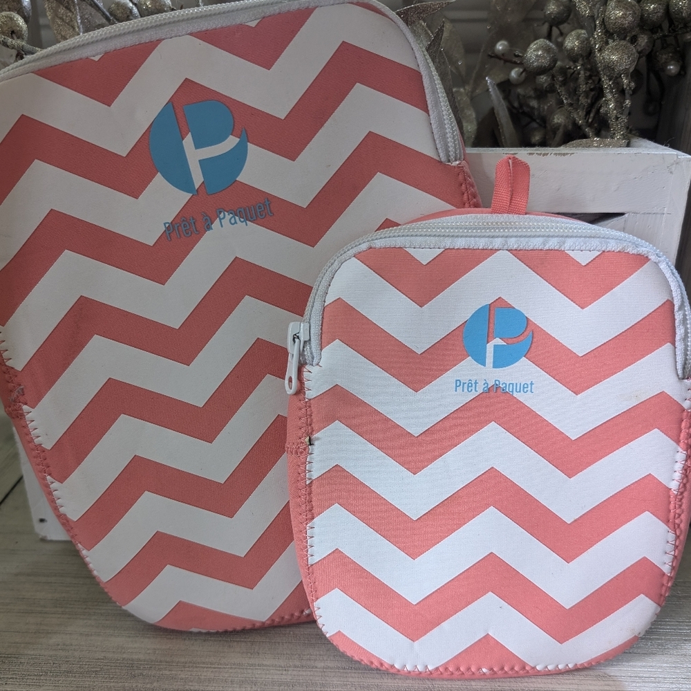 White and Peach Chevron Stripe Pouches - 2 pack lunch bags school kids bag bento